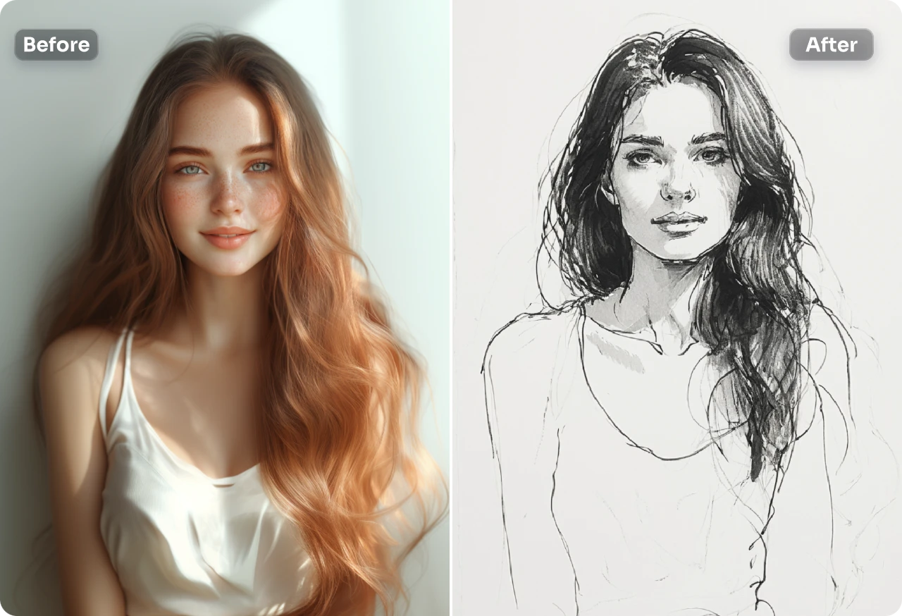 convert female portrait into sketch using AI Ease