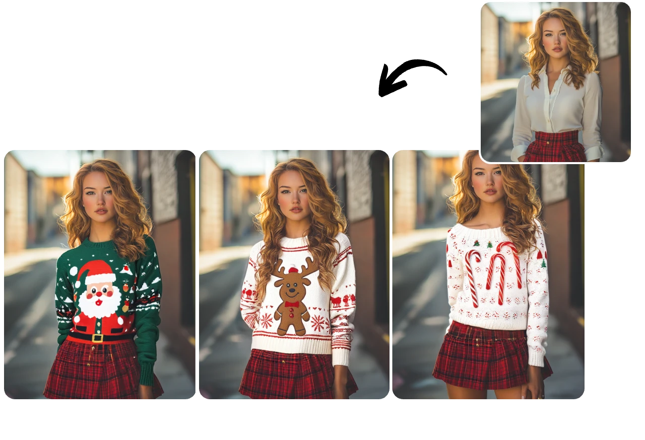 generate three styles of ai christmas sweaters for a female portrait