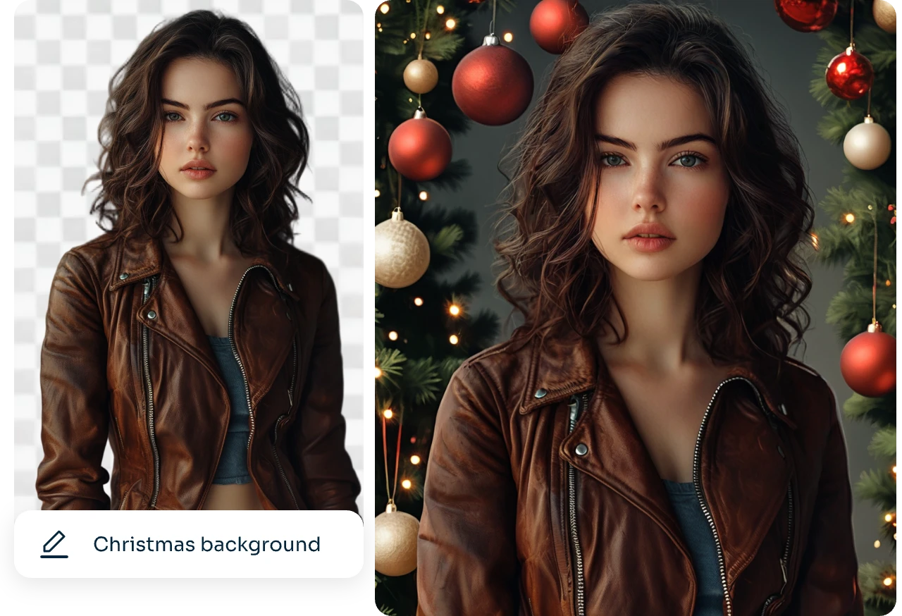 remove female portrait background and generate a christmas background with ai ease for free