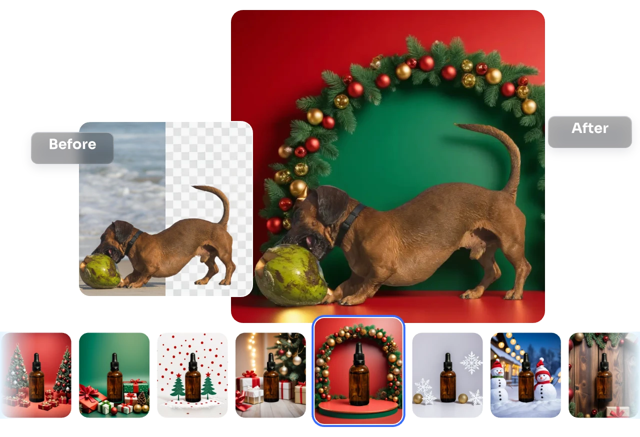 remove original backdrop and select from preset ai christmas scenes offered by ai ease