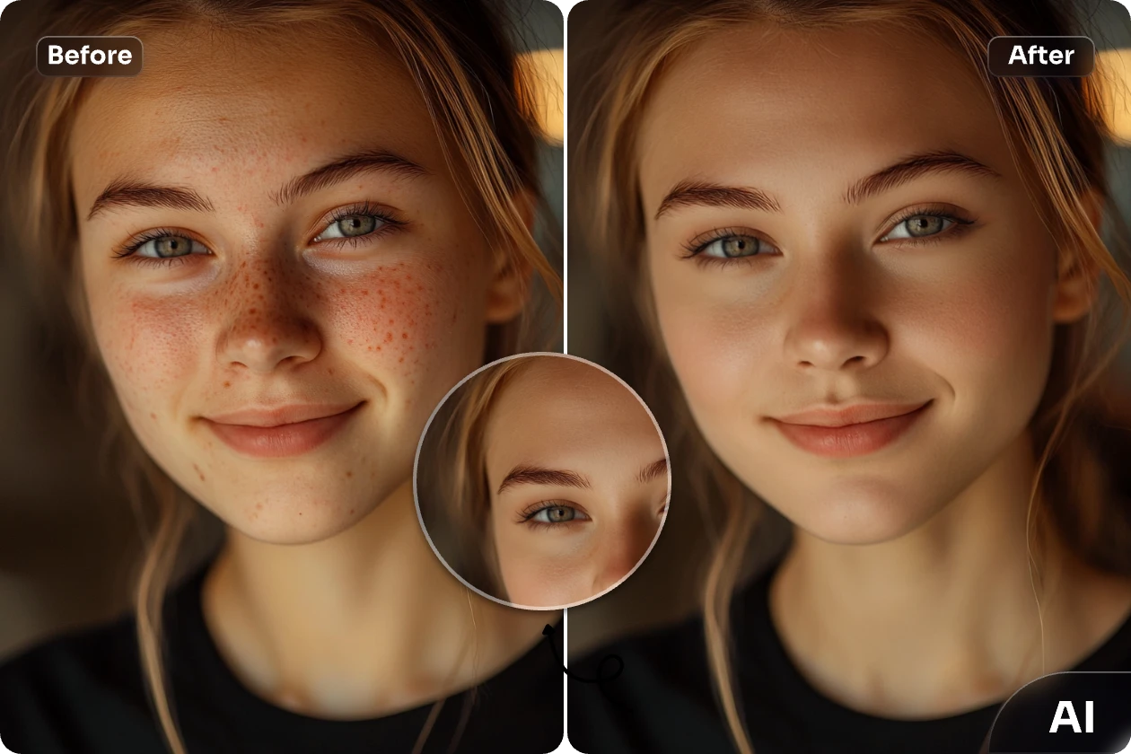 remove the acne and blemishes from the woman face in aiease face editor