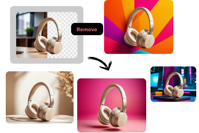 remove the earphone image background and add four different backgrounds to it