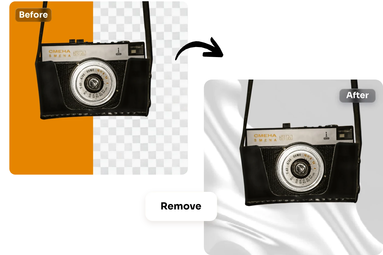 remove the orange bg from a camera photo and add a white silk background