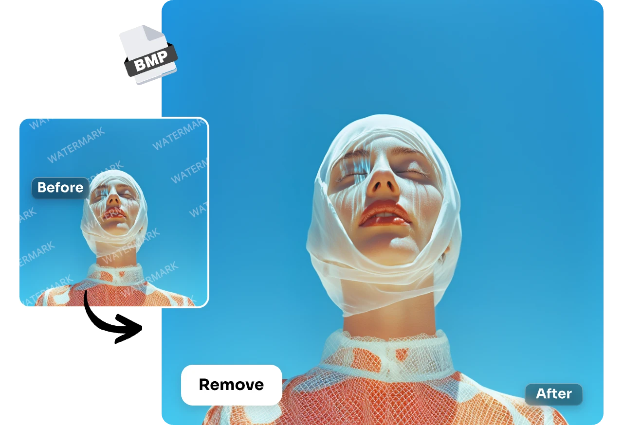 remove watermarks from an aesthetic woman photo with blue sky and a bmp format icon