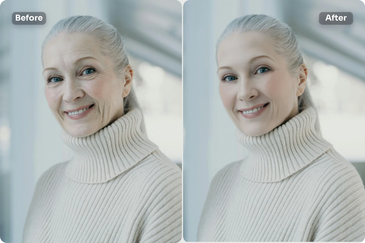 remove winkles from an old lady smiling face with ai ease free ai wrinkle remover