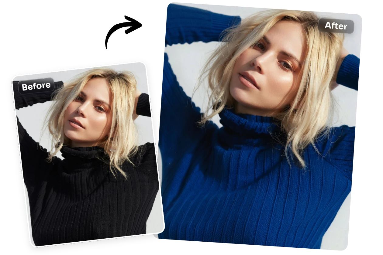 replace female black sweater with blue color using AI Ease online image recolorer