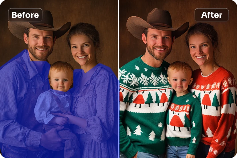 replace the clothes of a family picture with christmas tree sweaters