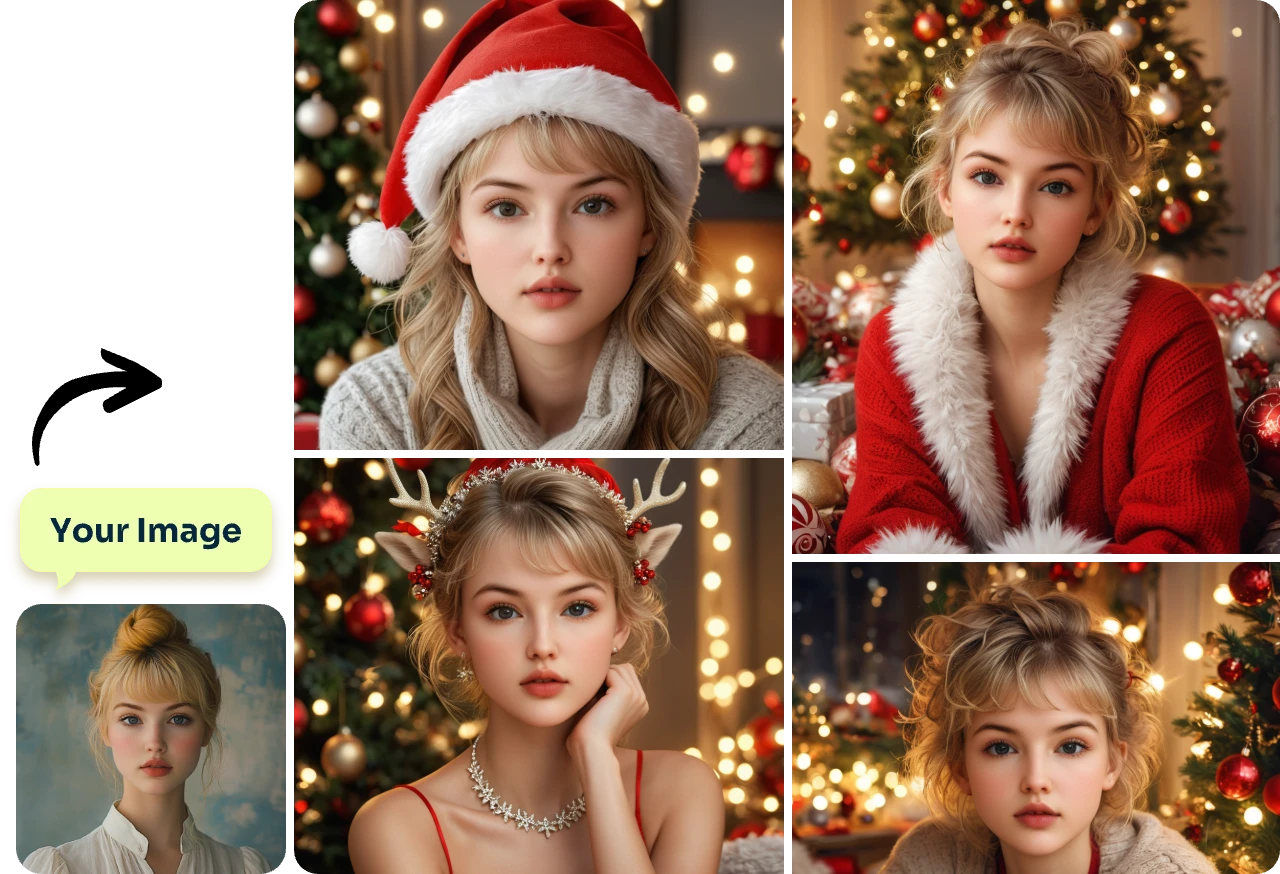 transform a female portrait into diverse styles of christmas profile pictures in ai ease for free