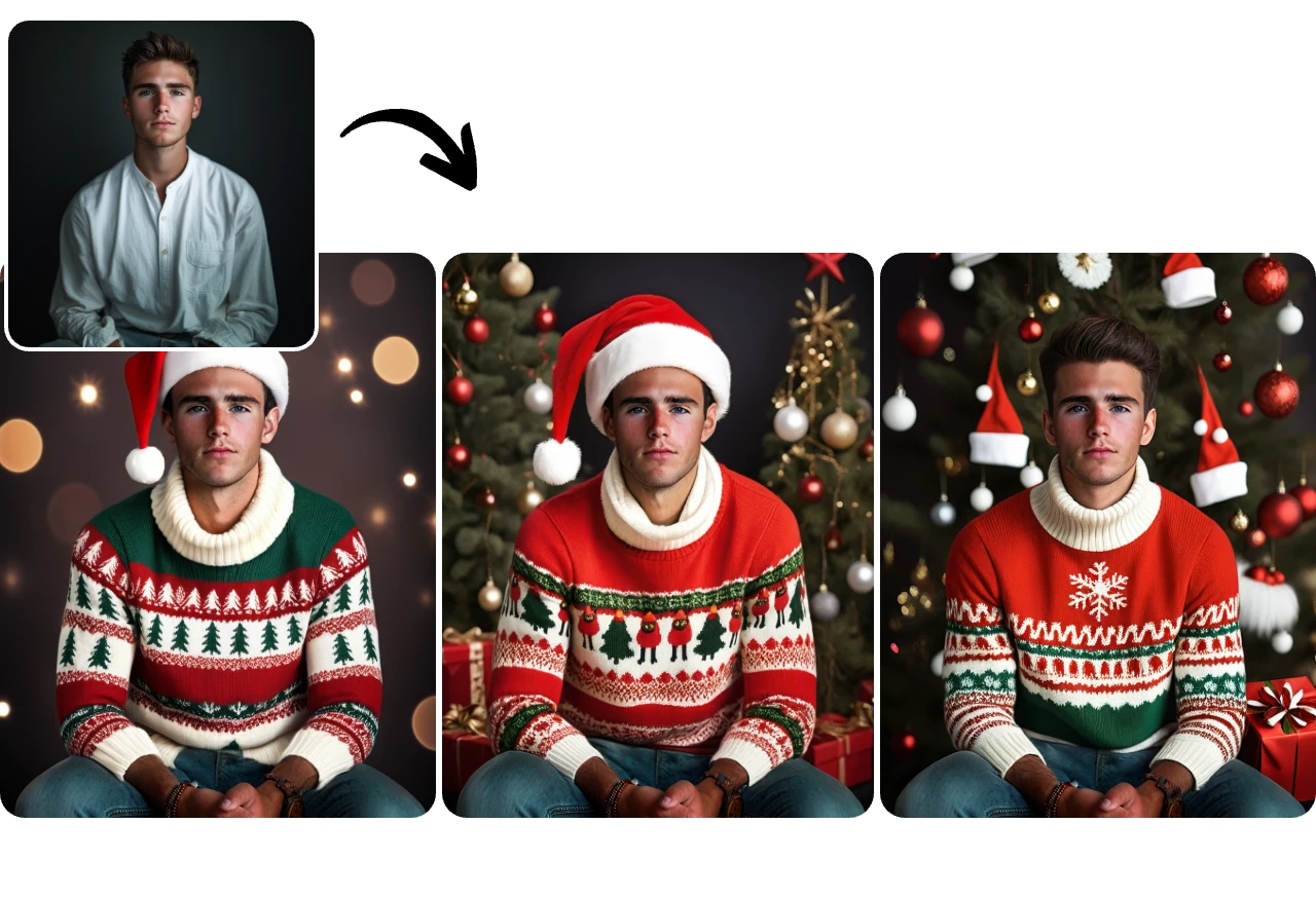 transform a male portrait into three christmas photos with diverse styles of christmas sweaters in ai ease