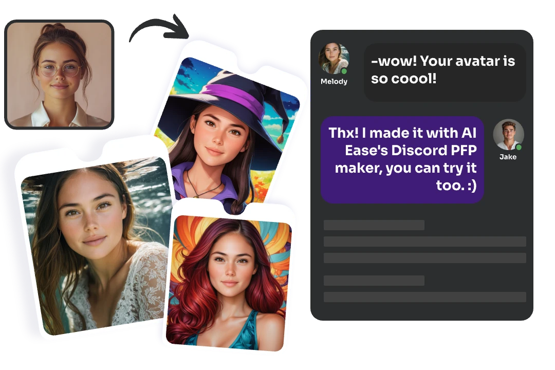 transform the woman photo to three kinds of avatars with a text bubble