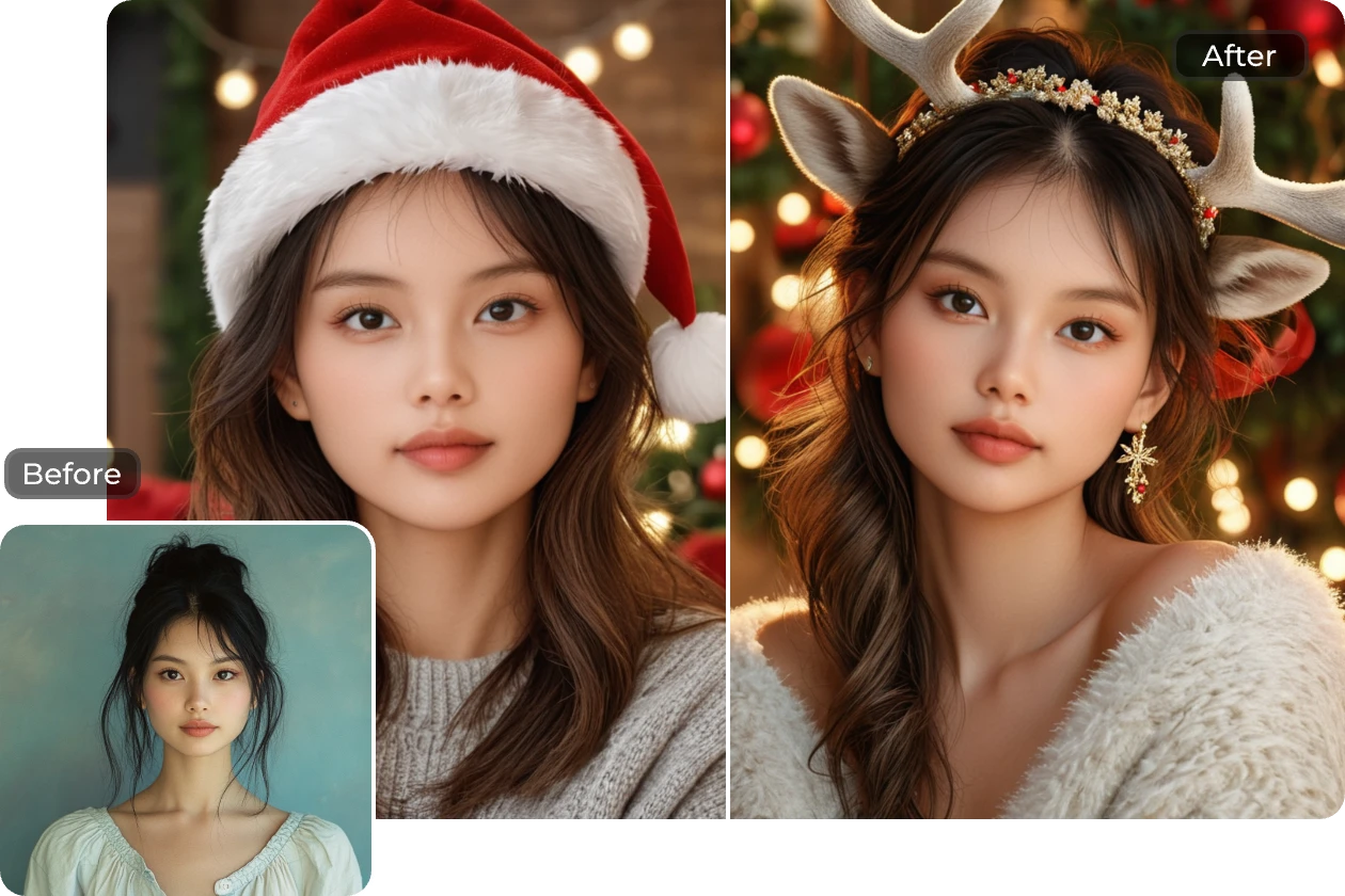 turn a female portrait into two christmas profile pictures generated by ai ease