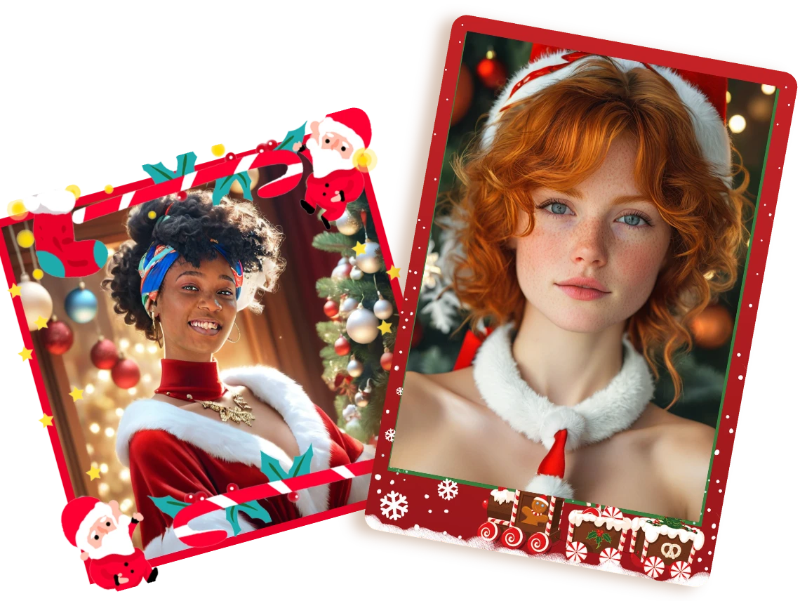 two girls in christmas clothing and the photos are decked with christmas frame