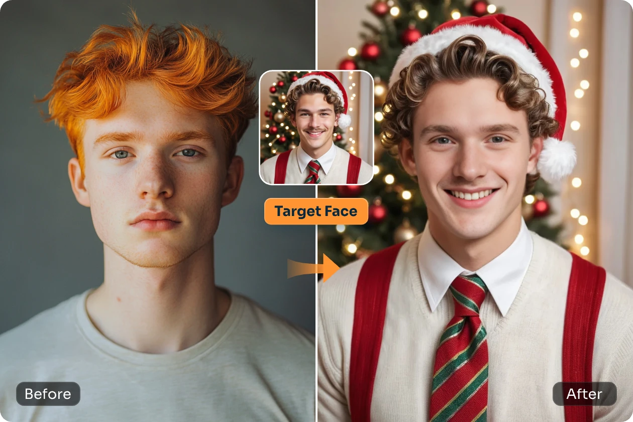 upload a man original photo and use aiease face swap template to try on christmas clothing online