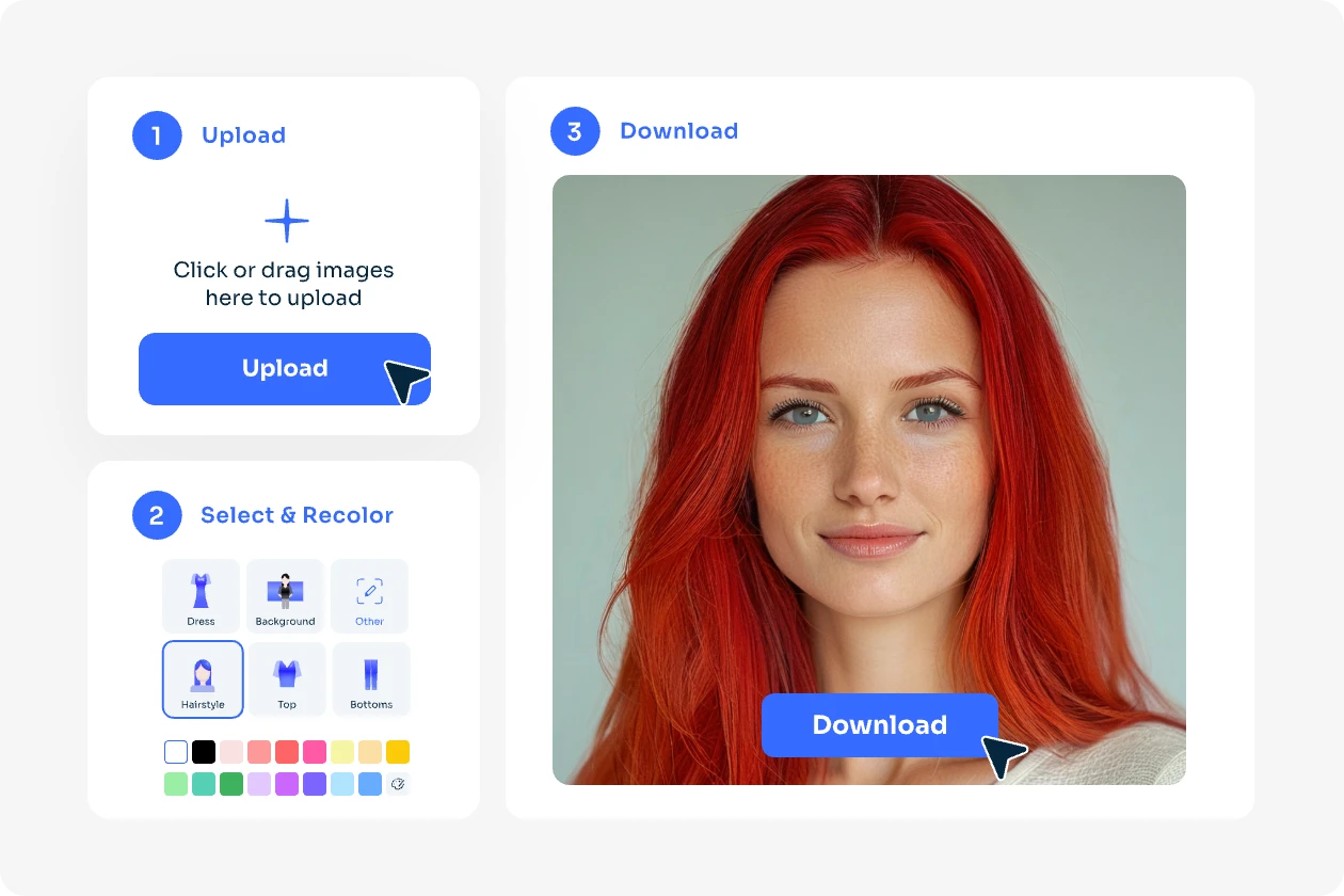 upload a photo to aiease recolor tool and choose hairstyle mode and choose a red color and get a red hair instantly