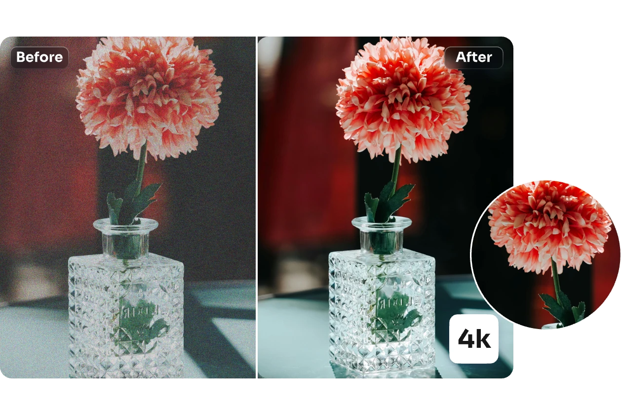 upscale a flower in bottle image to 4k without losing quality