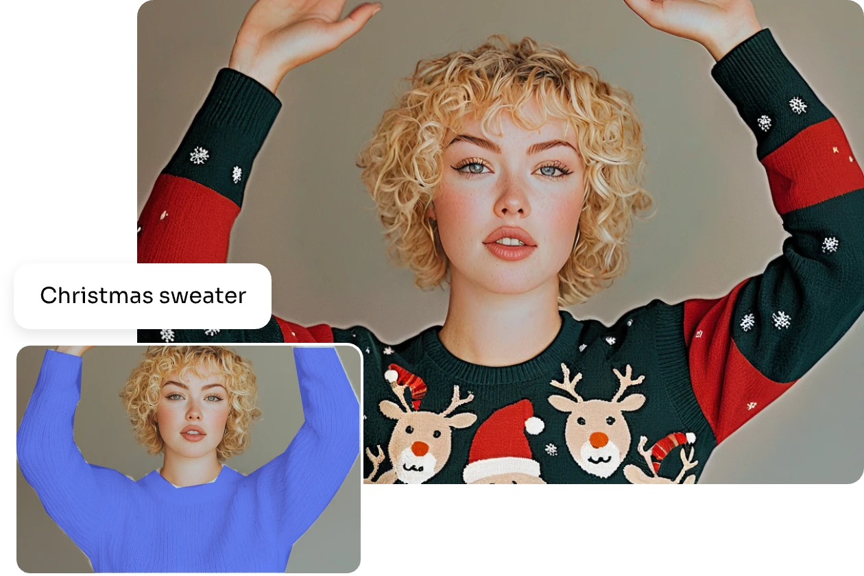 use ai replace to paint over the clothes area and generate christmas sweater from text