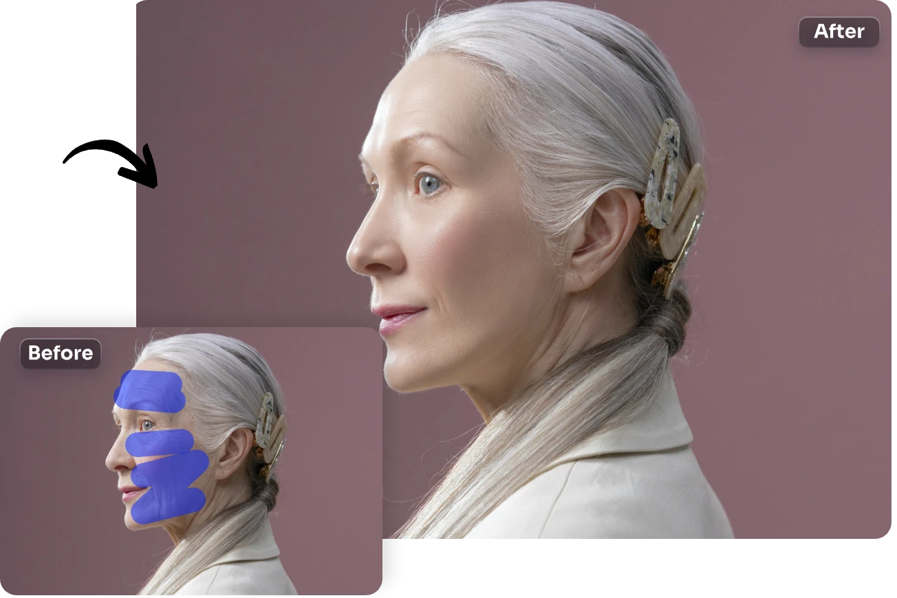 use the brush tool to manually paint over the wrinkle areas on old woman face