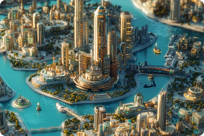 a 3d effect cityscape fantasy map with sea