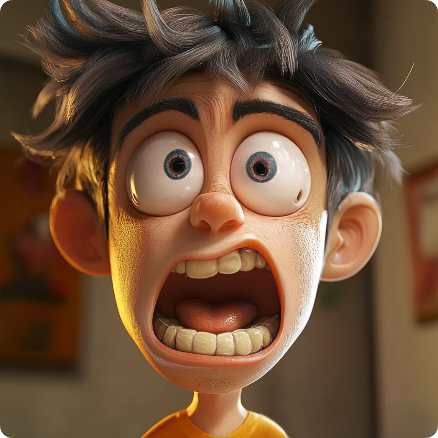 a caricature boy with exagerated facial expression