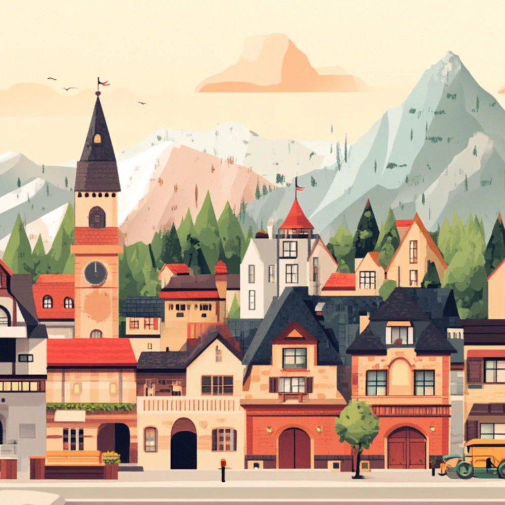 a cartoon picture of a town besides the mountain