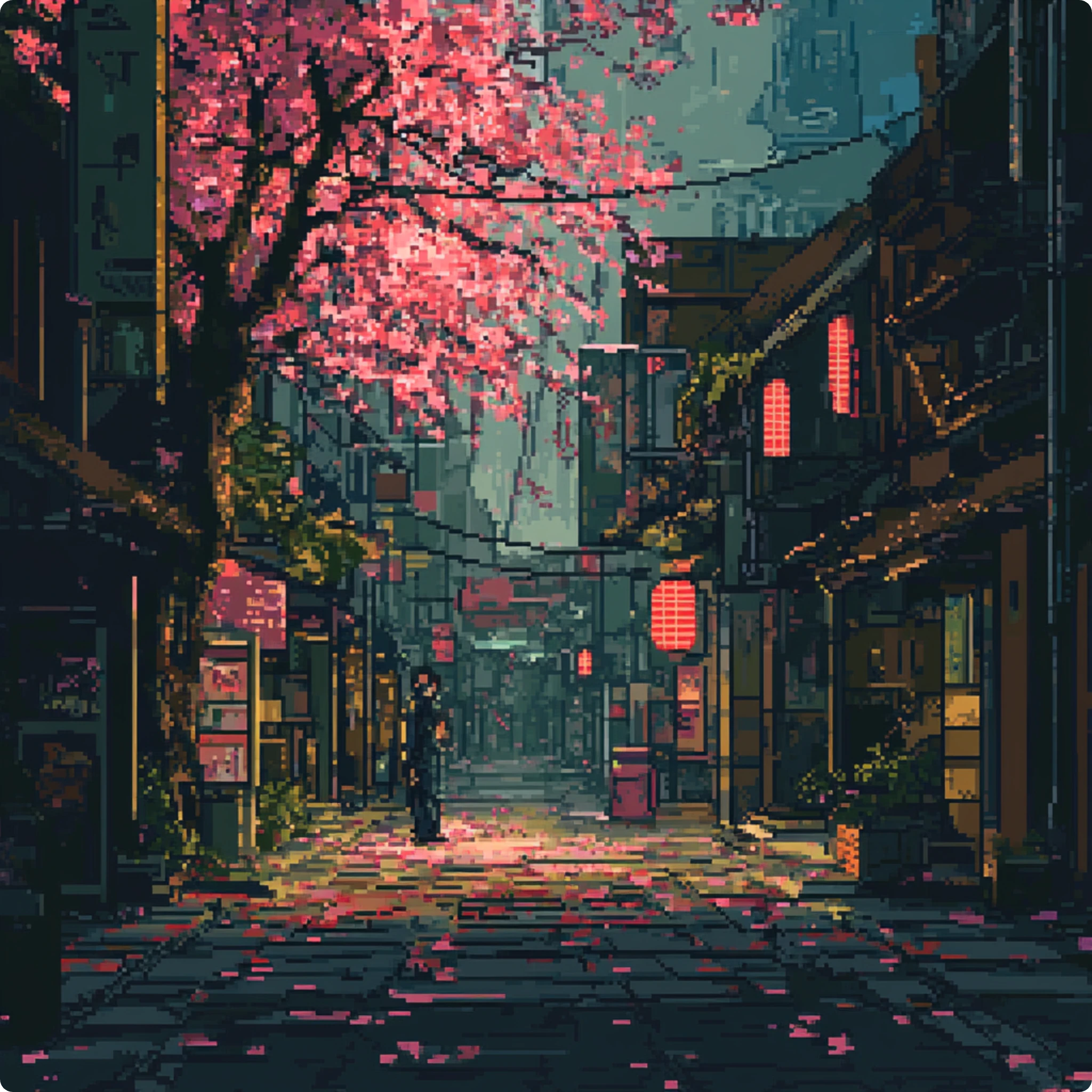 a cherry blossom tree scene in pixel art style