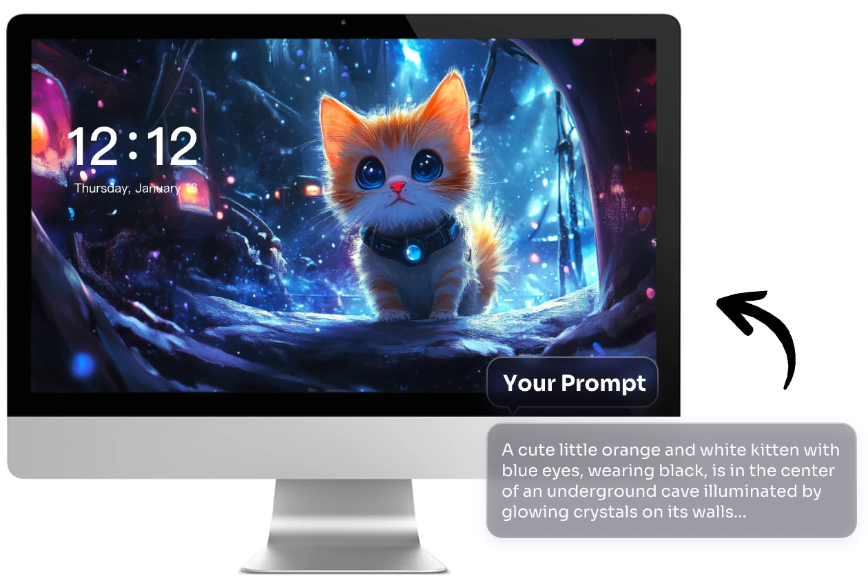 a cute cat wallpaper put on a desktop computer with a text prompt made in aiease ai wallpaper generator