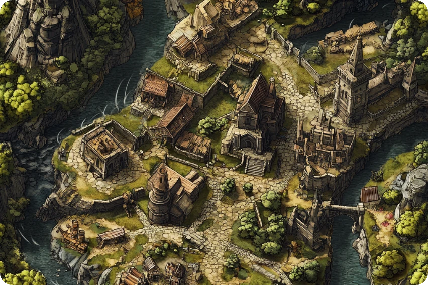 a dnd game map with buildings made in aiease fantasy map generator