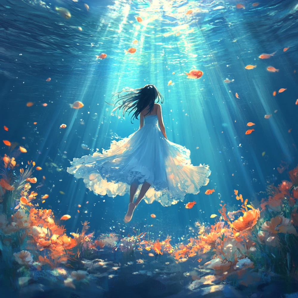 a dreaming scene of a girl floating in the sea