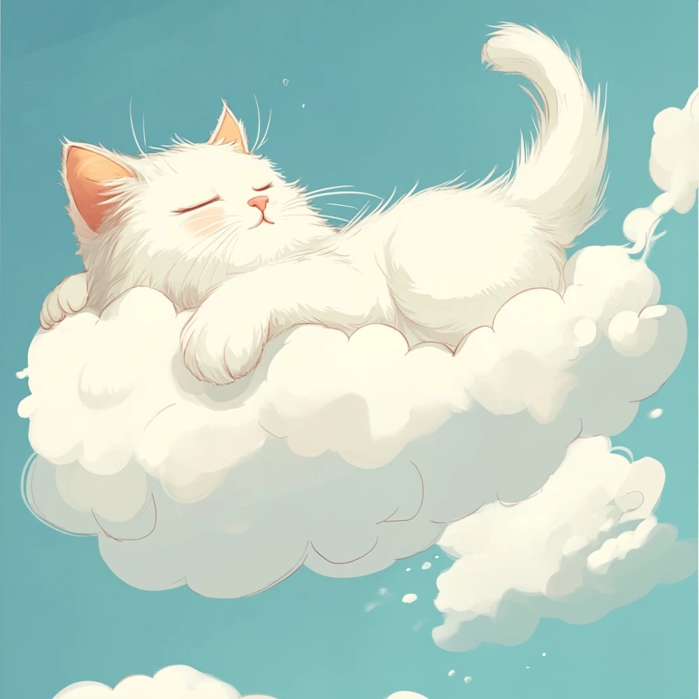 a fantasy and cartoon white cat on the cloud