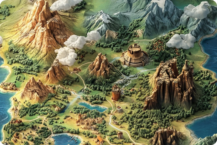 a fantasy map with green mountain and grass