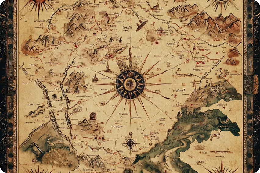 a fantasy middle aged map with a star pattern in the middle