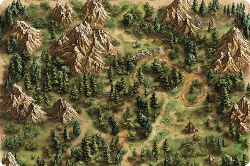 a forest fantasy map with trees and mountains