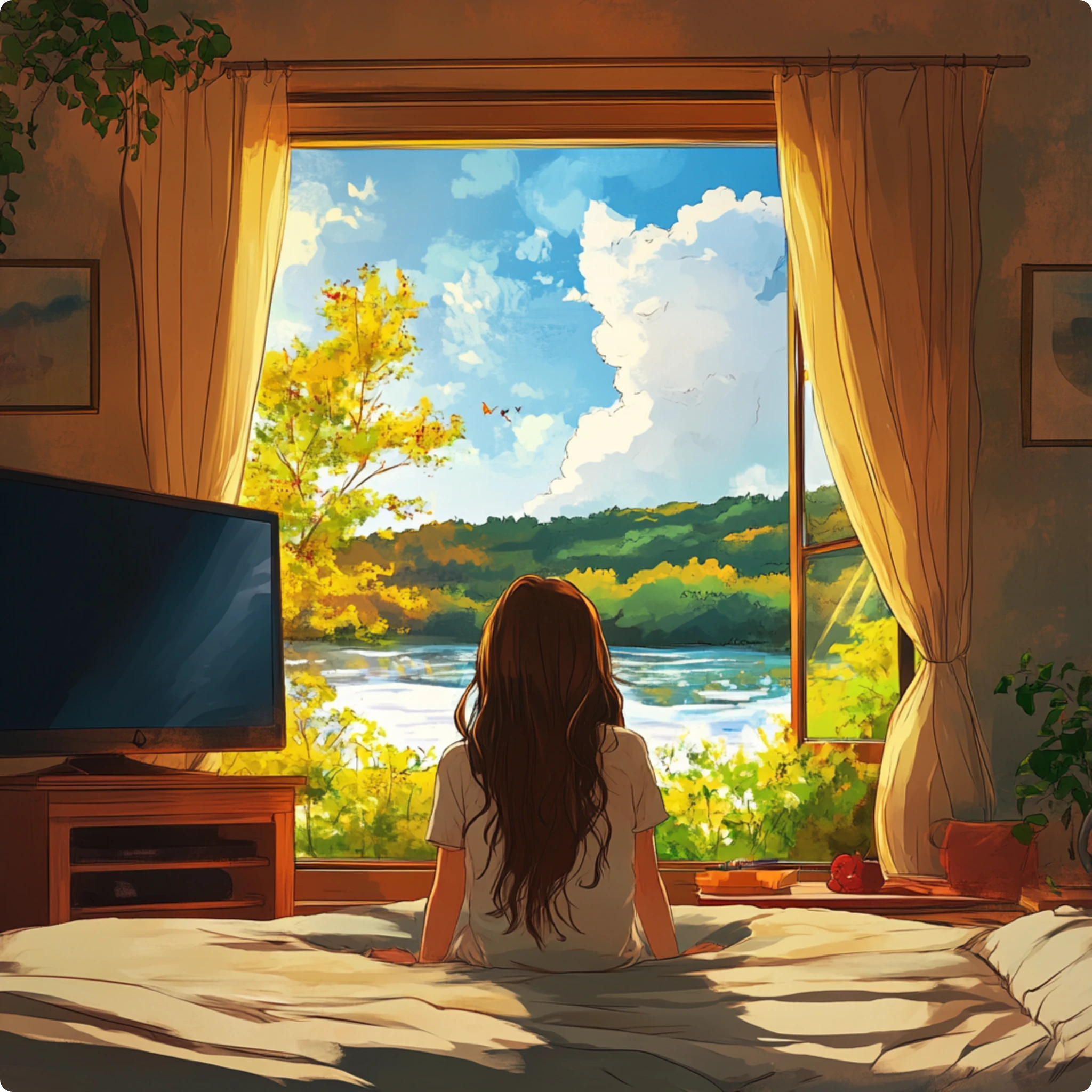 a long hair girl sitting on bed and looking outside of the window