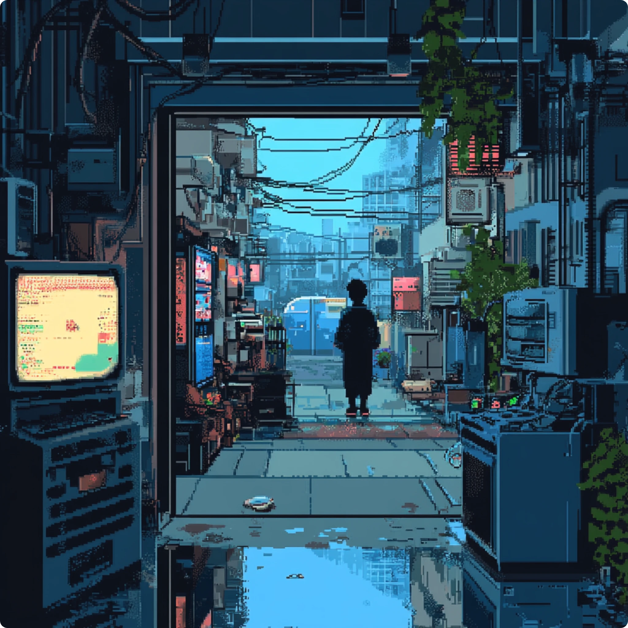 a man stand outside a video arcade image in pixel art form