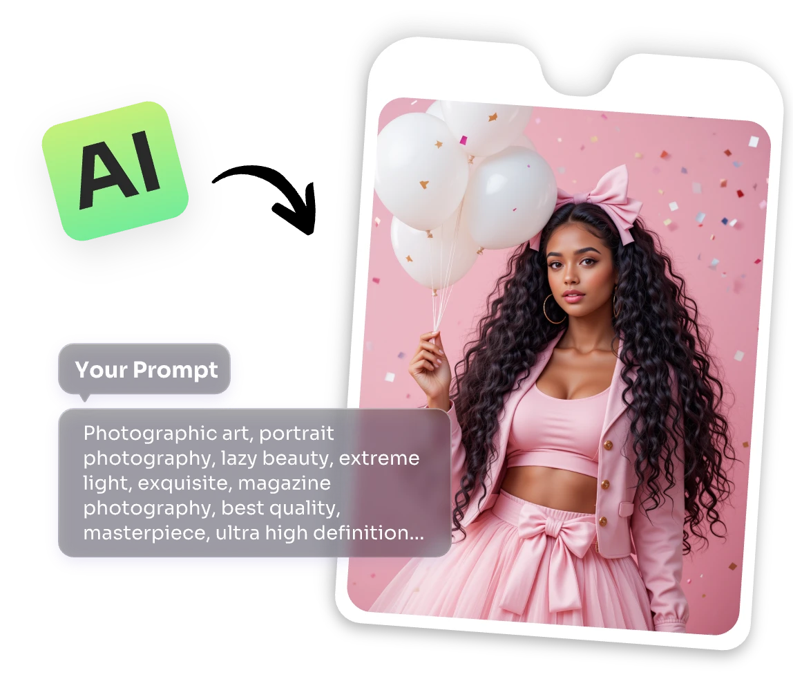 a pink suited girl holding balloons made in aiease ai human generator with a prompt text