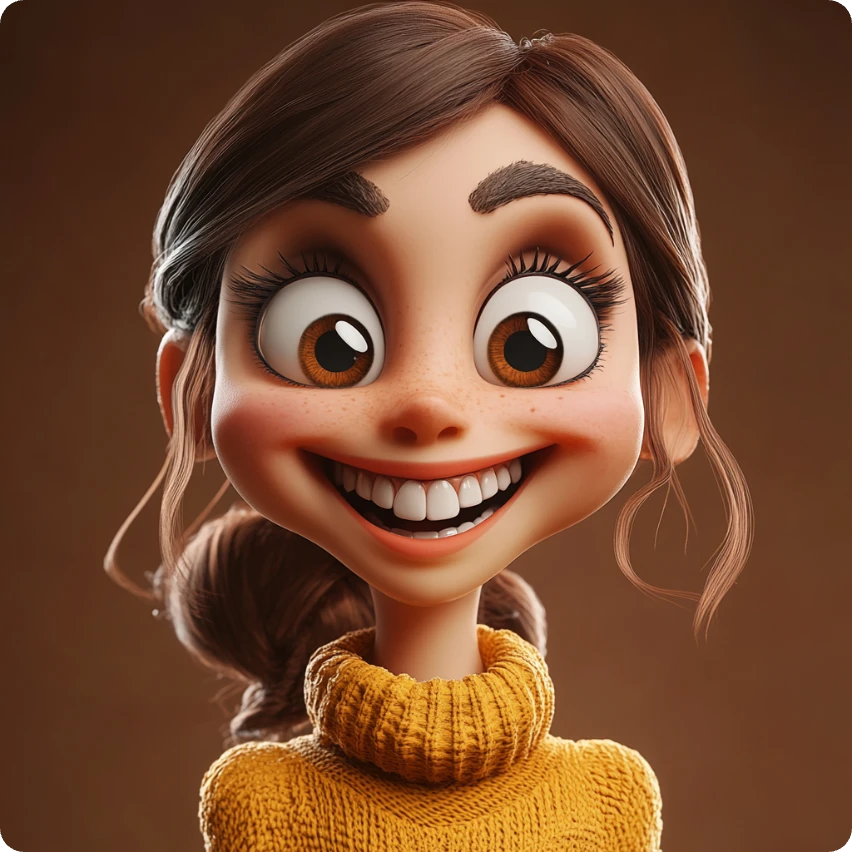 a smiling caricature girl wearing a yellow sweater