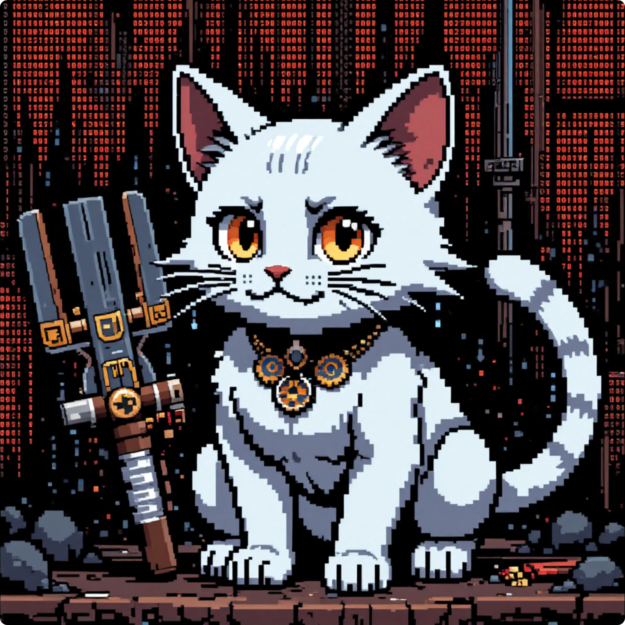 a white cat in pixel art style