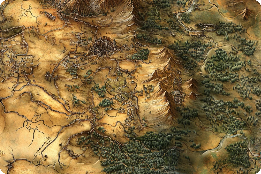 a yellow fantasy map with trees