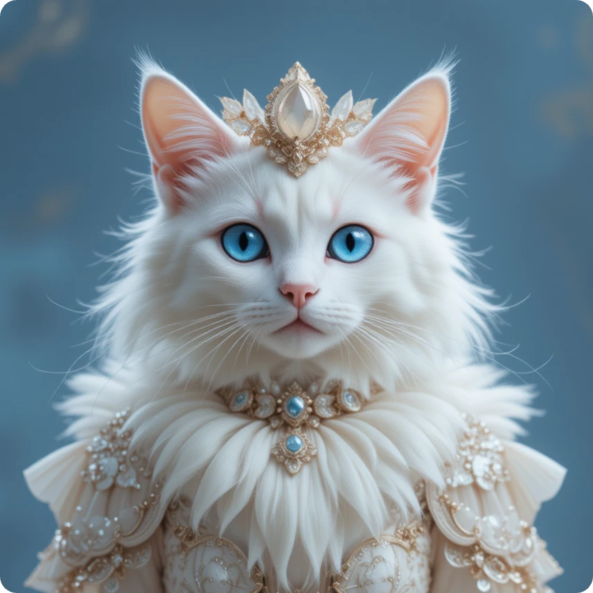 an ai-generated white cat with gorgeous jewelry