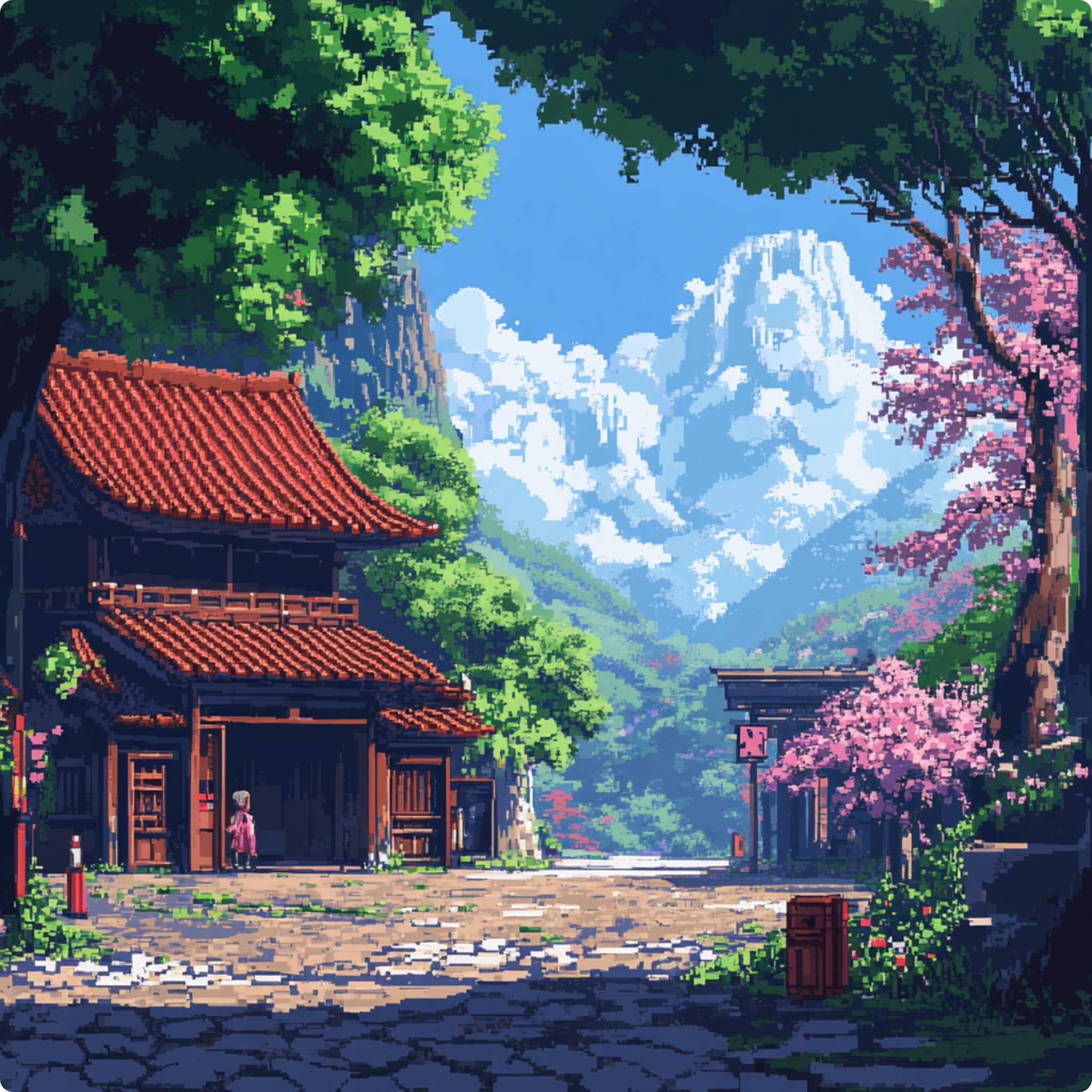 an ancient temple aside a mountain in pixel style