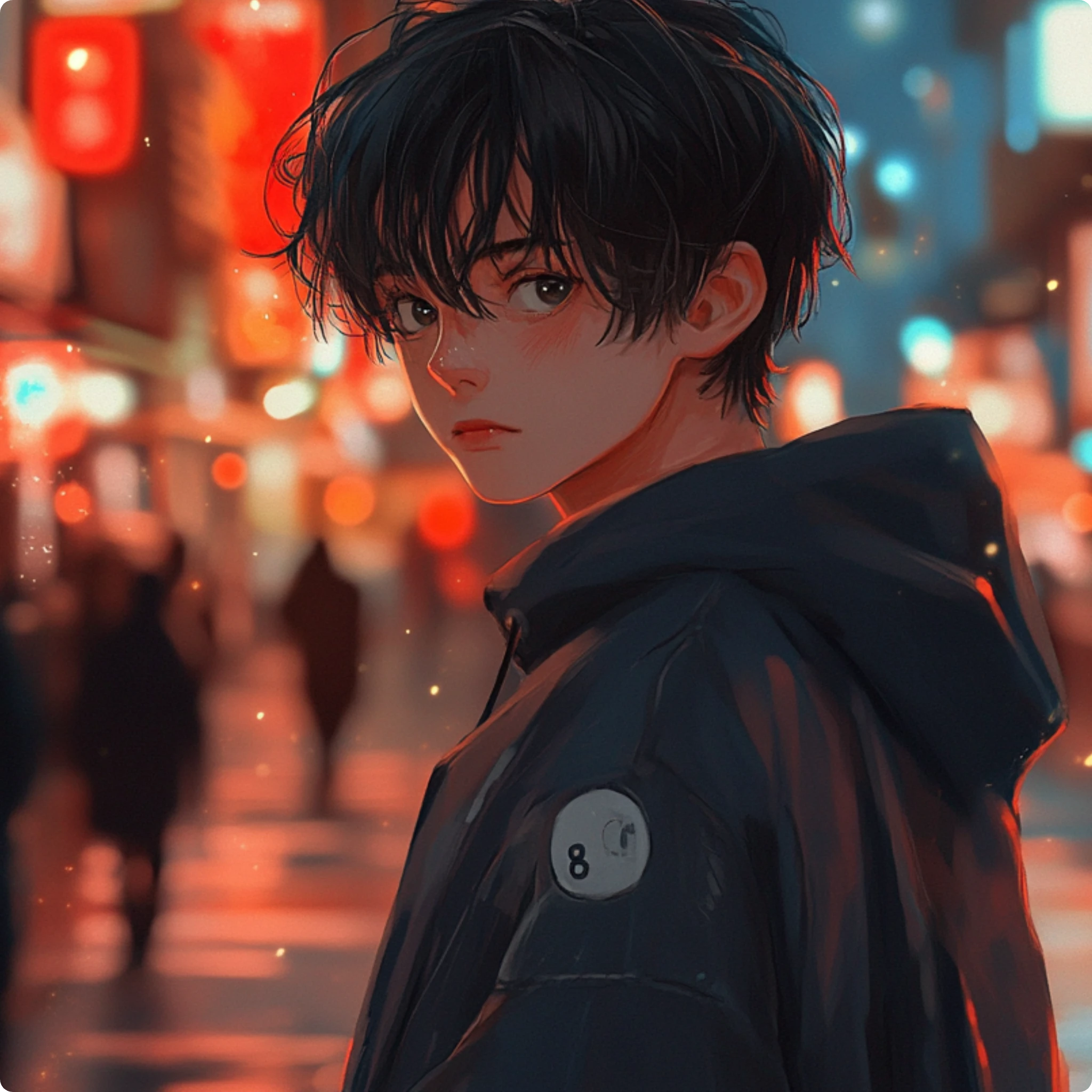 an anime boy in street looking back at the camera