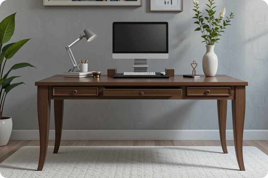 an interior design image with a desk and a computer