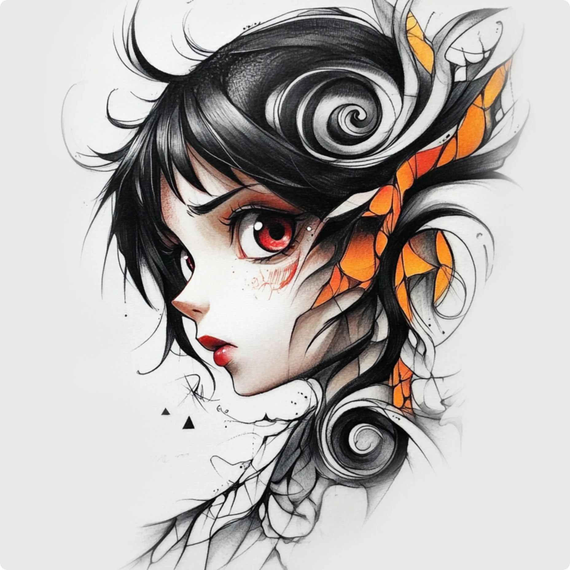 anime tattoo of a black hair girl