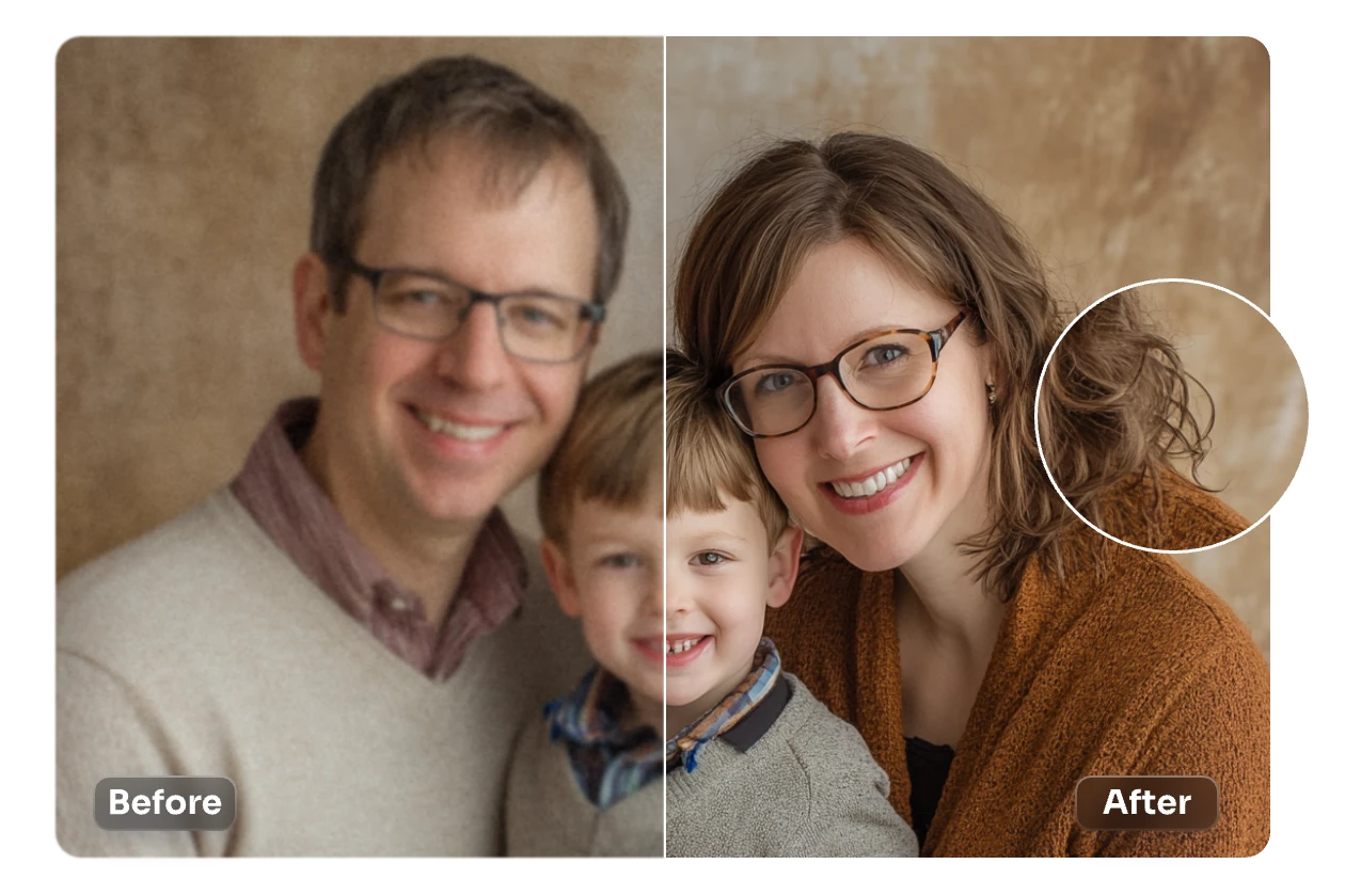 before and after contrast of enhancing a family photo in aiease with high quality