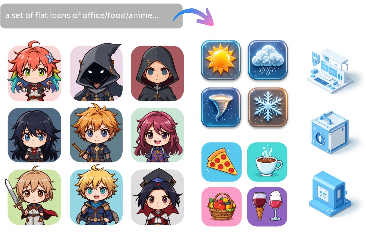 customize diverse styles of ai generatded icons including anime food office and weather