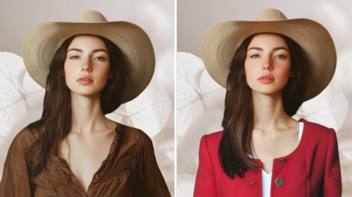 replace female's top clothes into red suit in photo using AI Ease's free AI object replacer