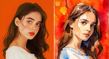 turn female with red background portrait into watercolor