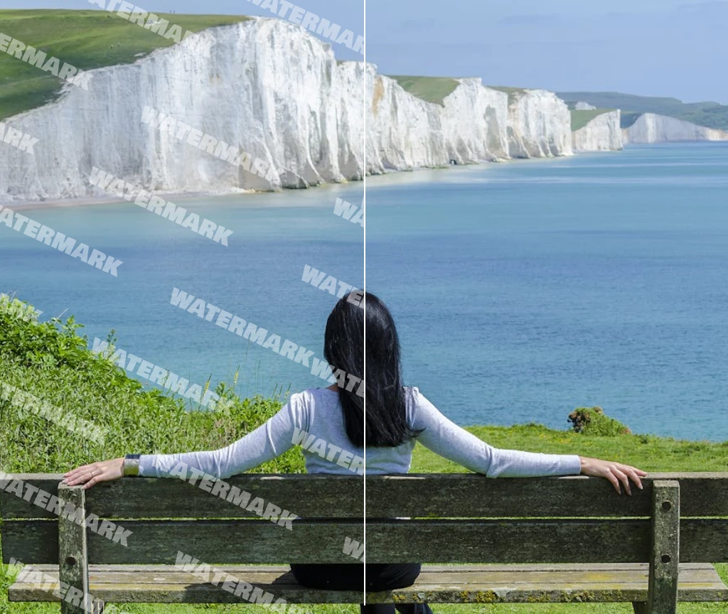 remove full screen text watermark from female sitting on the bench image in AI Ease