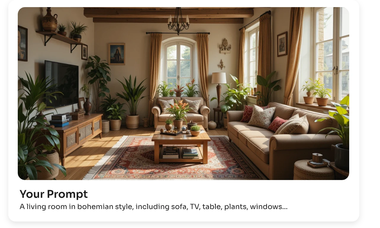 enter concise text to generate a bohemian style living room