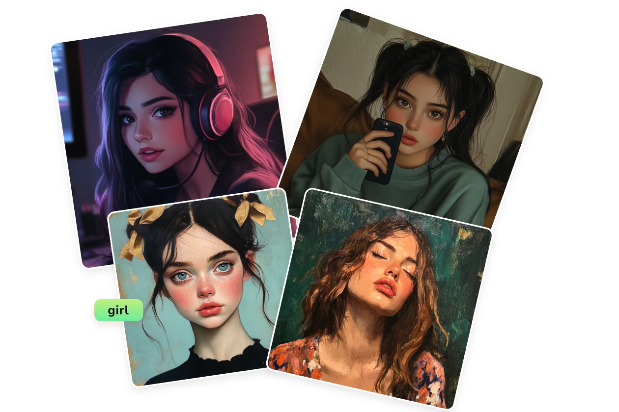 enter one short prompt and generate 4 girl images in four different styles